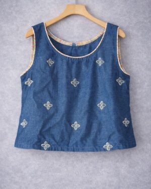 Blue Embroidered Denim Crop Top