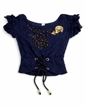 Navy Blue Embellished Lace-Up Top