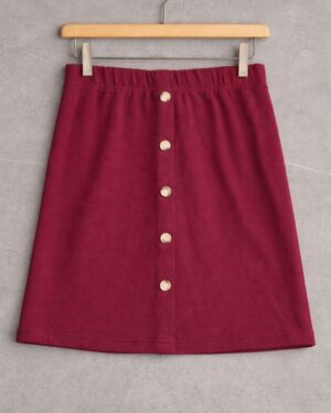 Burgundy Button Front Ribbed Skirt
