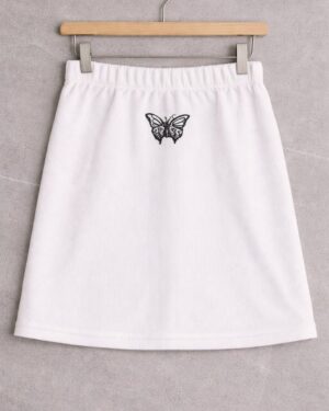 White Butterfly Embroidered Ribbed Skirt