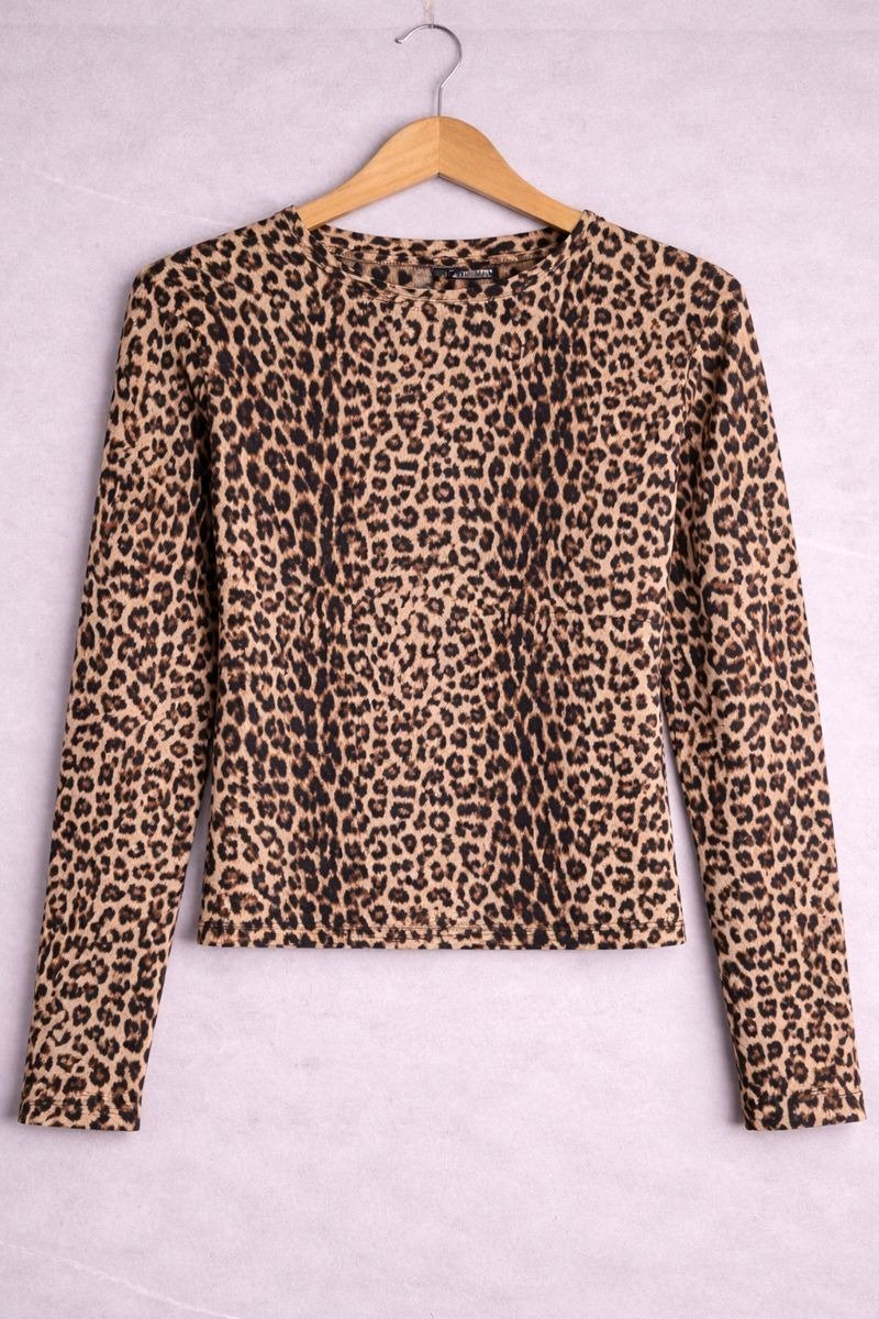 Leopard Print Ribbed Long Sleeve Top