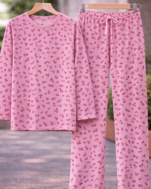 Rose Petal Printed Full Sleeve Lounge Set Full T-Shrit full Paint