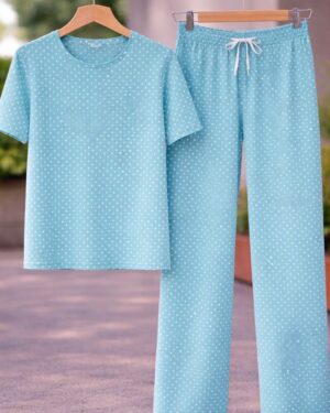 Aqua Polka Lounge Co-Ord Set Half T-Shrit full Paint