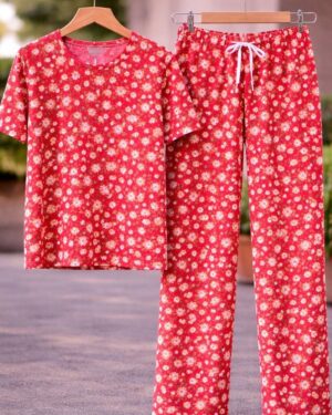 Red Blossom Lounge Co-Ord Set Full Paint Full T-Shrit
