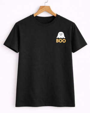 Men’s Black Half Sleeve T-Shirt with “BOO” Ghost Print