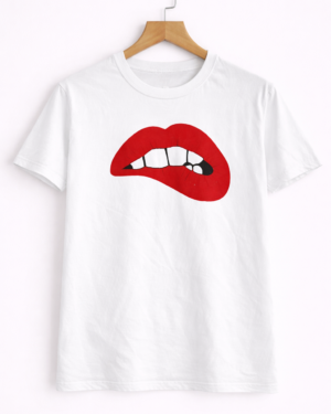 Men’s White Half Sleeve T-Shirt with Bold Red Lips Graphic