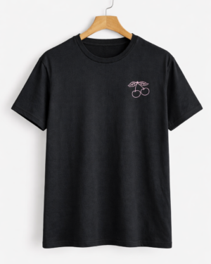 Black Half Sleeve T-Shirt with Cherry Embroidery