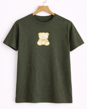 Unisex Olive Green Half Sleeve T-Shirt with Cute Teddy Bear Print