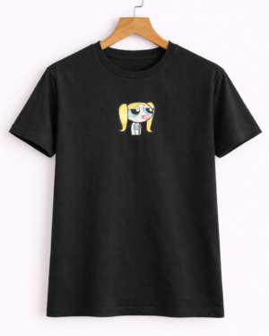 Men’s Black Half Sleeve T-Shirt with Mini Cartoon Girl Graphic