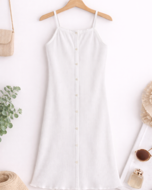 White Ribbed Button-Down Midi Dress