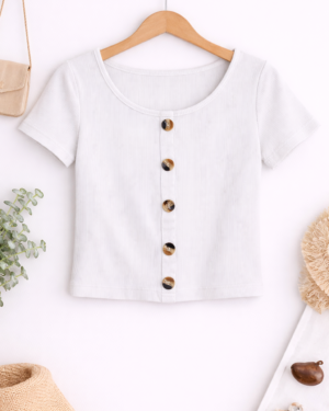 White Ribbed Button Front Crop Top