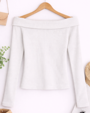 White Ribbed Off-Shoulder Long Sleeve Top