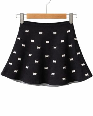 Black Bow Print Flared Mini Skirt