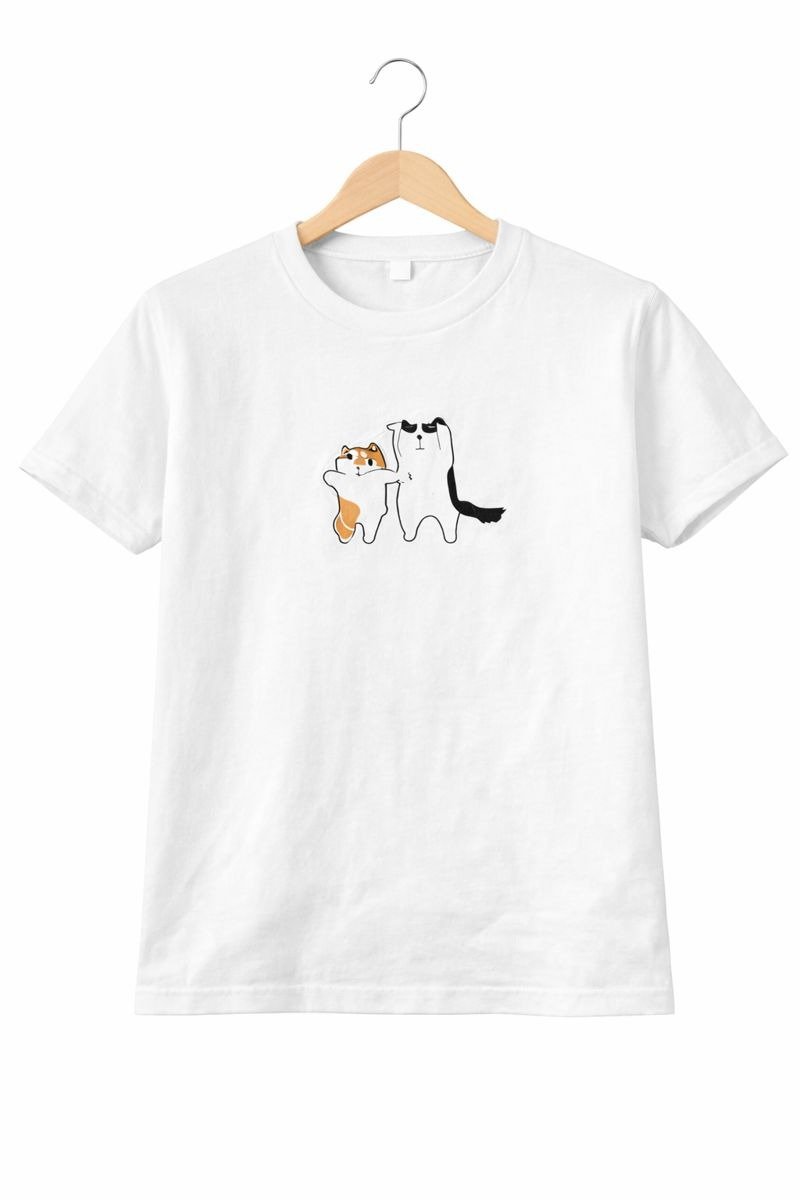 White Cute Cat Friends Graphic T-Shirt