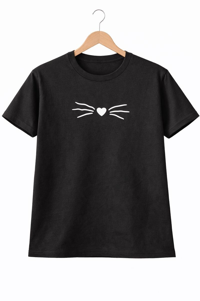 Black Cat Whiskers Heart Graphic T-Shirt