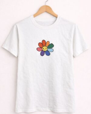 White Smiley Flower Printed T-Shirt